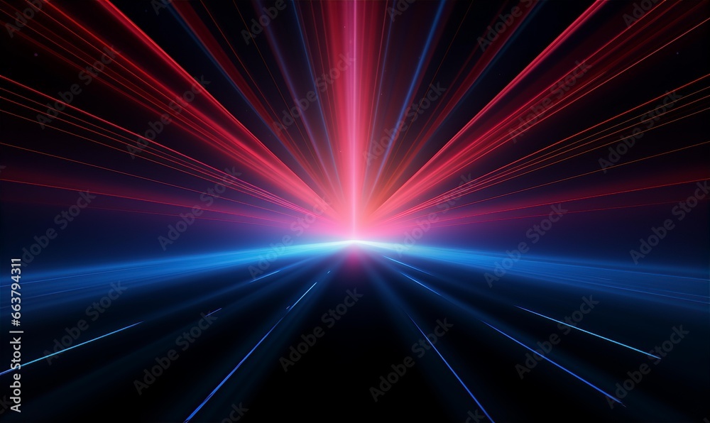 3d rendering in neon light, bunched lines on horizon, display as space with objects, abstract background, colors in blue, red, pink and purple 3d rendering in neon light, bunched lines on horizon, display as space with objects, abstract background, colors in blue, red, pink and purple