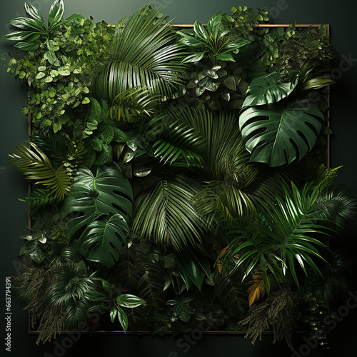 Overlay frame from fresh green jungle palm leaves. AI generative