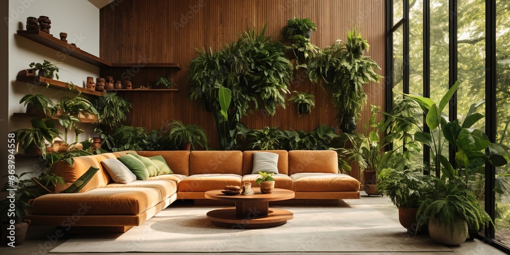 A living room with a large wall that has a plant in it and a couch.