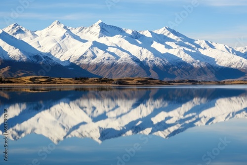 snow-capped peaks reflected in a placid lake