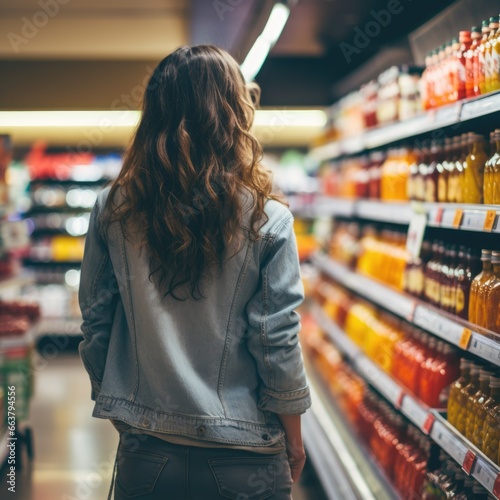 woman in supermarket choosing healthy food drink juice and fruits back view. female buyer looking picking organic bottle. wide assortment of goods in grocery store. concept consumer