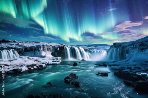 Northern Lights on the night sky. Aurora Borealis. Waterfalls