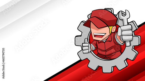 Mechanic cartoon character holding a wrench Inside Gear Frame With Copy Space Banner