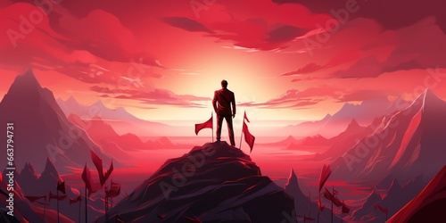 A man standing on top with red flag. Leadership concept. Illustration for banner, poster, cover, brochure or presentation.