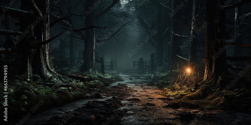 A path in a dark forest at night.