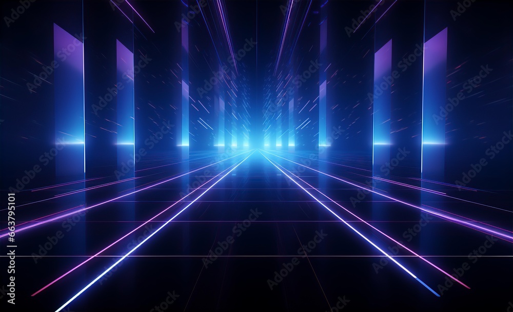 3d rendering in neon light, bunched lines on horizon, display as space with objects, abstract background, colors in blue, red, pink and purple 3d rendering in neon light, bunched lines on horizon, display as space with objects, abstract background, colors in blue, red, pink and purple