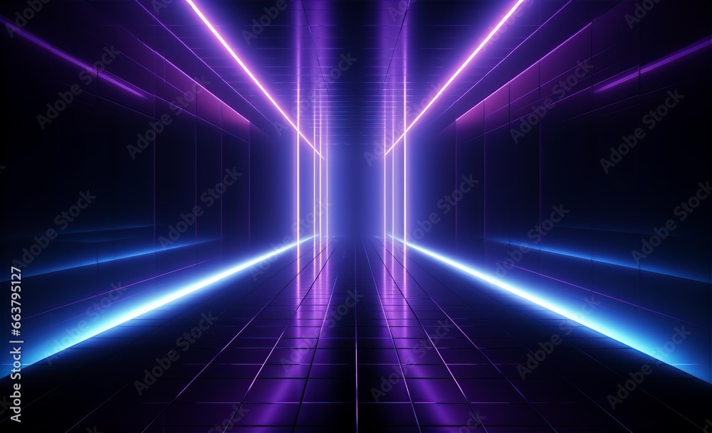 3d rendering in neon light, bunched lines on horizon, display as space with objects, abstract background, colors in blue, red, pink and purple