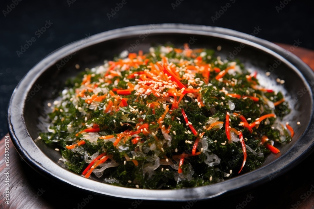 seaweed salad with sprinkles of red pepper flakes on a metal dish seaweed salad with sprinkles of red pepper flakes on a metal dish
