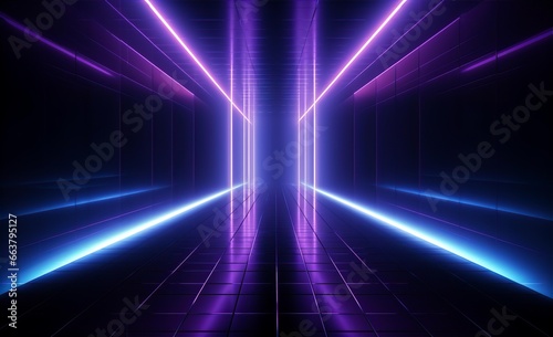3d rendering in neon light  bunched lines on horizon  display as space with objects  abstract background  colors in blue  red  pink and purple