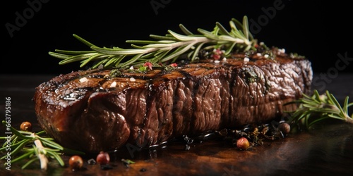 A piece of steak with a sprig of rosemary.