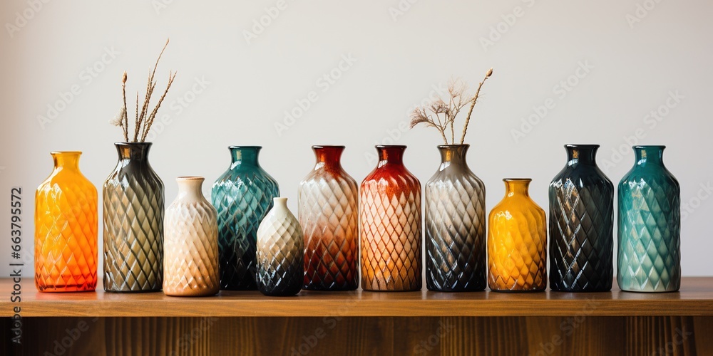 A row of vases sitting on top of a shelf. - obrazy, fototapety, plakaty 