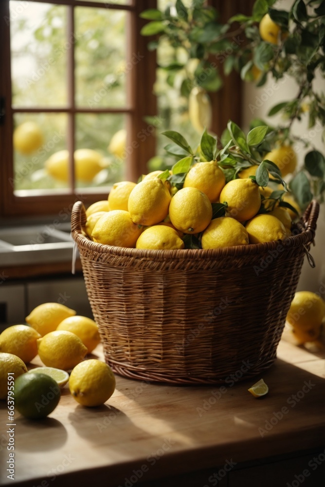 Basket with ripe lemons on wooden table near window in kitchen Basket with ripe lemons on wooden table near window in kitchen