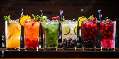 A row of glasses filled with different types of fruit drinks.