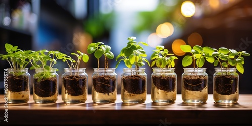 A row of small plants in glass containers on a table.