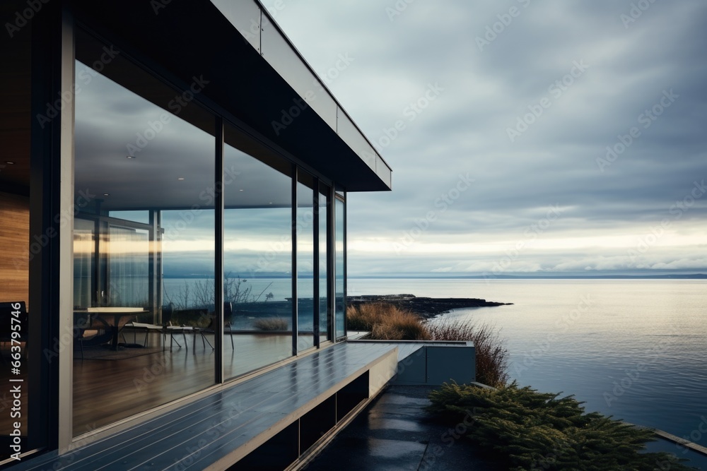 modern house with wide windows facing the sea