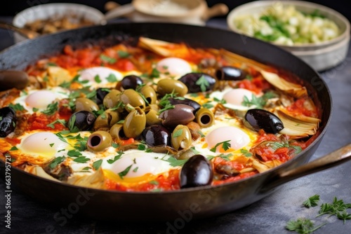 mediterranean shakshuka with olives and artichokes added