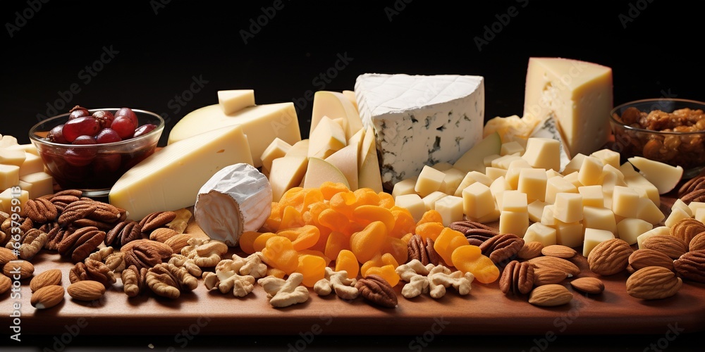 A variety of cheeses and nuts arranged on a white surface.