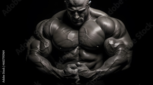 very muscular strong male body on steroids, extreme bodybuilding - black and white