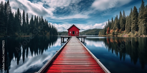 A wooden dock leading to a red building on a lake.