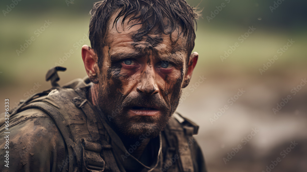 Close up portrait of a male soldier on the field with dirt and mud in his face and a serious face expression