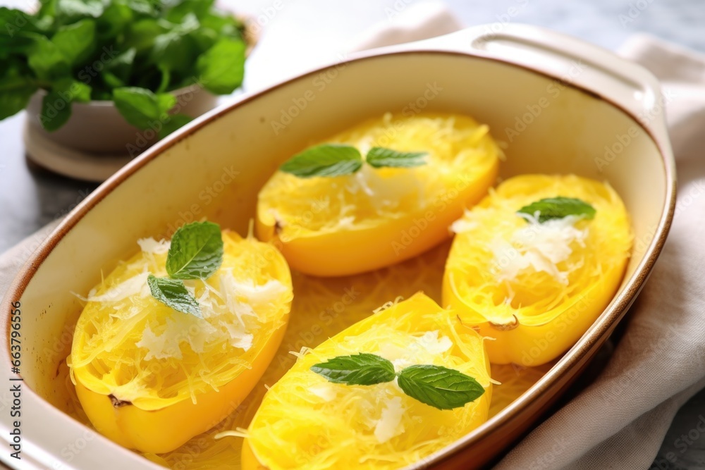 spaghetti squash with garlic and olive oil in a baking dish spaghetti squash with garlic and olive oil in a baking dish