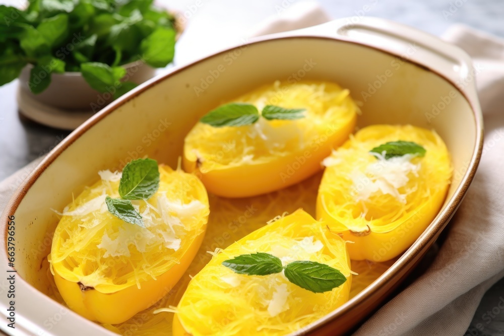 spaghetti squash with garlic and olive oil in a baking dish