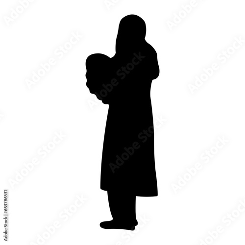 Silhouette of a migrant woman. Oriental woman with a child in her arms. Vector illustration isolated on white background.