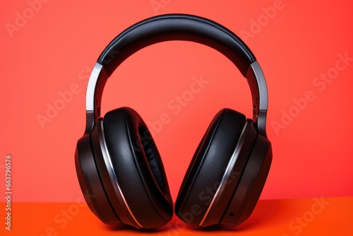 black over-ear headphones isolated on a bold red background © Alfazet Chronicles