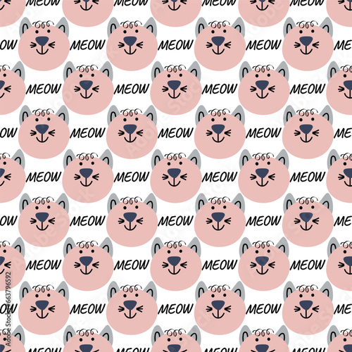 Hand drawn vector seamless pattern of funny cartoon kittens, meow