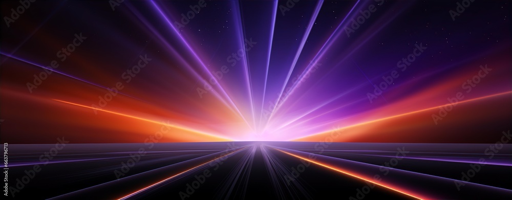Obraz premium 3d rendering in neon light, bunched lines on horizon, display as space with objects, abstract background, colors in blue, red, pink and purple
