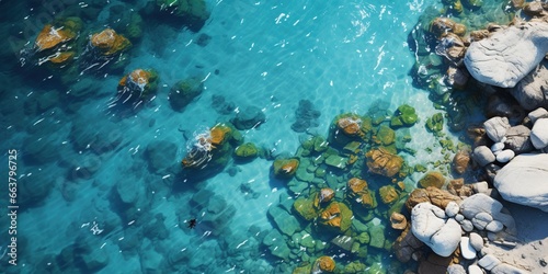 An aerial view of a rocky beach with clear blue water.