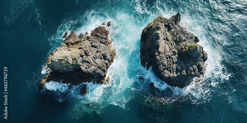 An aerial view of the ocean with a rock in the middle.