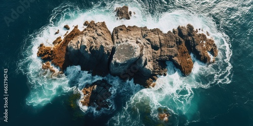 An aerial view of the ocean with a rock in the middle.