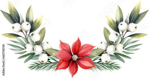 Christmas watercolor illustration red poinsettia white berry lush greenery  leaves. Festive botanical composition captures the essence of the holiday season