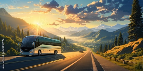 An intercity large and spacious bus travels along the highway. photo
