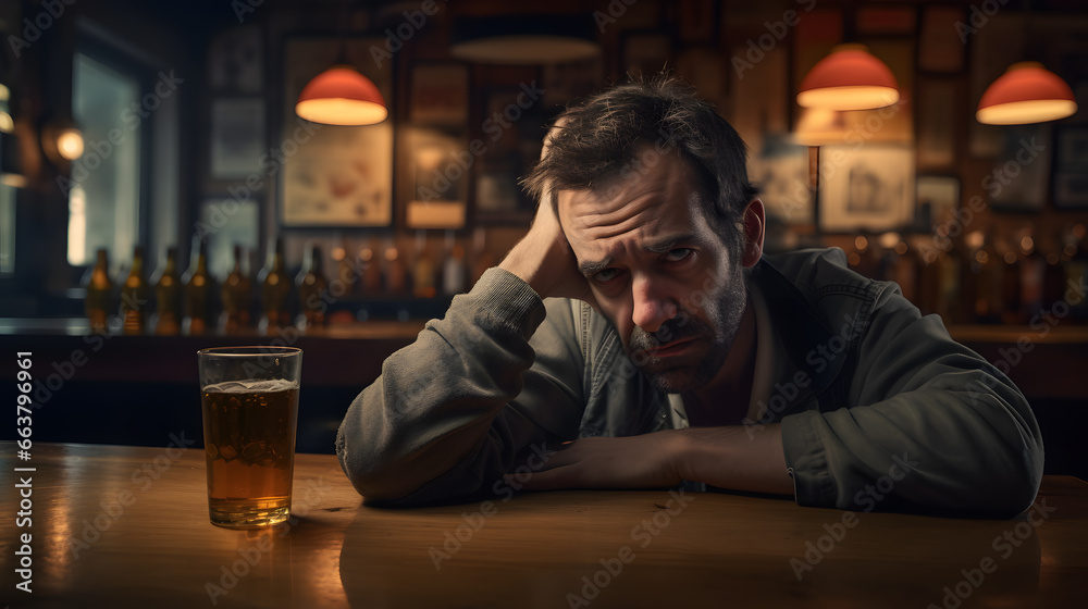 Drunk desperate depressed sad man sitting in a bar drinking hard liquor Drunk desperate depressed sad man sitting in a bar drinking hard liquor