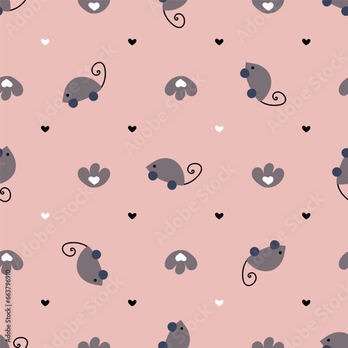 Hand drawn cat vector seamless pattern of funny cartoon mouse toy, cat's paw and hearts