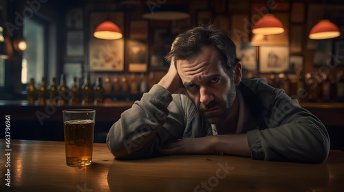 Drunk desperate depressed sad man sitting in a bar drinking hard liquor photo