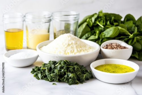 ingredients for spinach and feta stuffed chicken on marble countertop