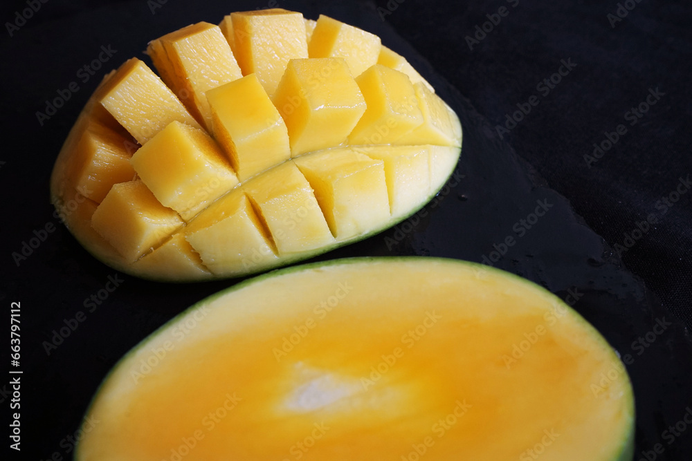 Sliced ​​mango close-up on a dark background