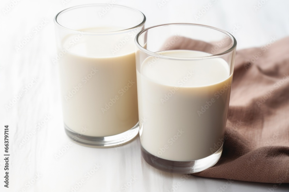 two cups of coffee next to a cup of milk