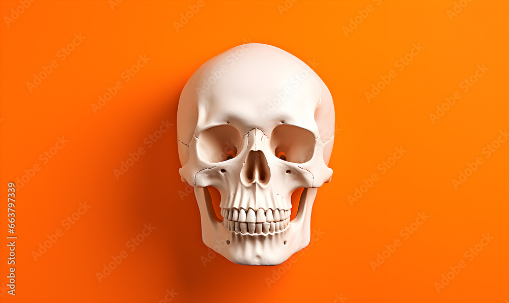 crâne humain blanc sur un fond uni orange - obrazy, fototapety, plakaty 