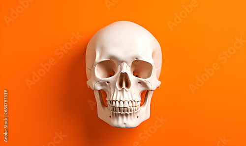 crâne humain blanc sur un fond uni orange