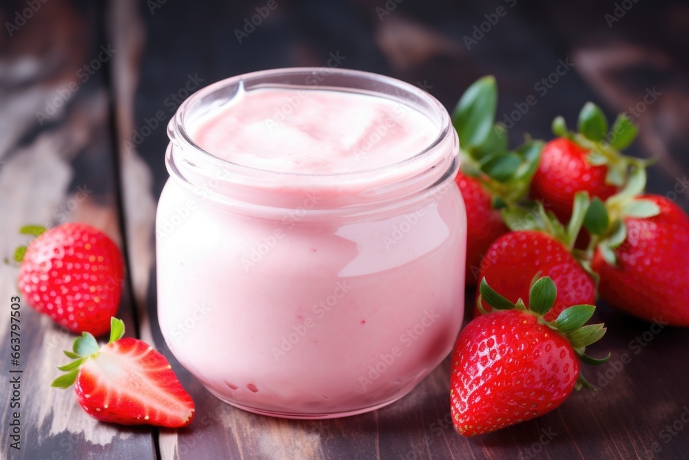a chilled strawberry yogurt drink with condensation on the bottle