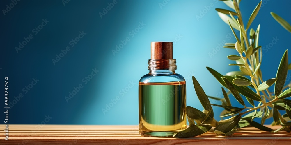 Brown glass dropper bottle with eucalyptus serum or oil on glass shelf on blue background with eucalyptus branches and shadows. Natural cosmetics based on fermented products. Brown glass dropper bottle with eucalyptus serum or oil on glass shelf on blue background with eucalyptus branches and shadows. Natural cosmetics based on fermented products.