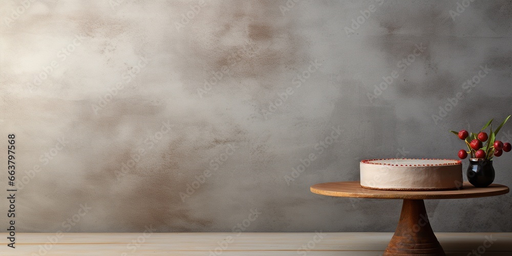 Cake in minimalist style on an empty table against the wall. Cake in minimalist style on an empty table against the wall.