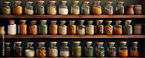 Storage shelf with glasses and jars of ingredients, herbs and spices