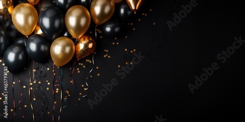 Celebration black background with black and gold balloons. Place for text, empty space.