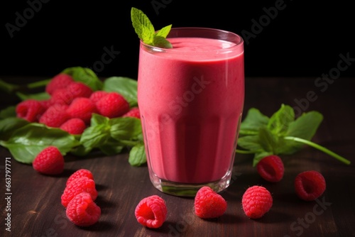 freshly made smoothie with raspberries beside the glass
