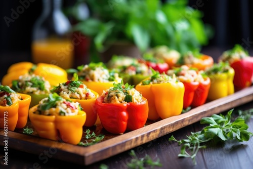 stuffed bell peppers decorated with fresh herbs on a tray